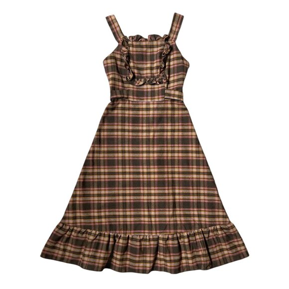 Dresses & Skirts - 70s vintage plaid wool prairie dress ruffle cottage western sleeveless flare.